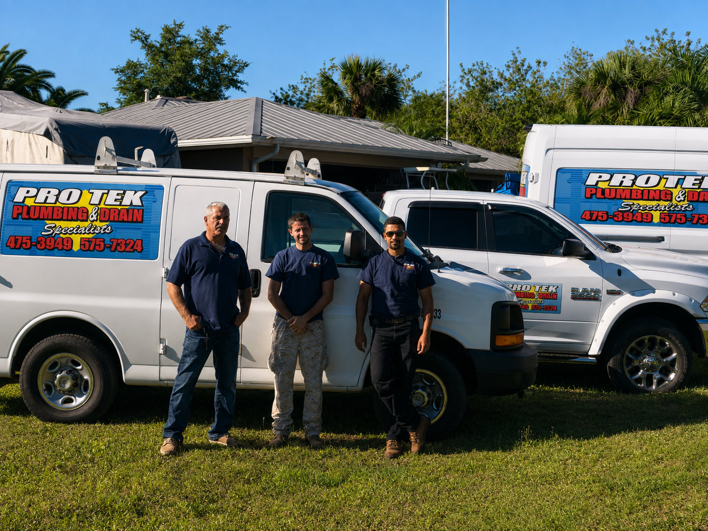 Protek Plumbing and Drain Specialists team and service vehicles in Port Charlotte FL